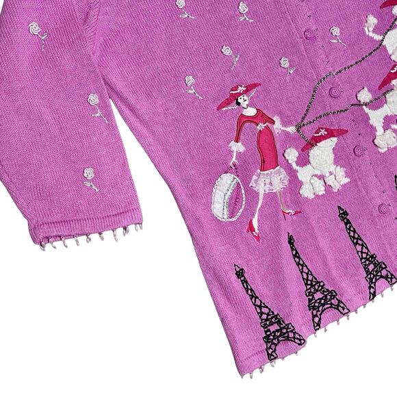 Storybook Knits Paris Theme Cardigan Sweater 1X Pink Embroidered Ramie Cotton - Picture 6 of 9